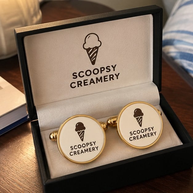 Customer photo of custom cufflinks in a gift box